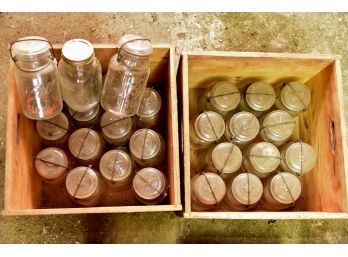 2 Wooden Crates Full Of Mason Jars