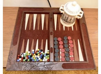 Old Tabletop Backgammon Board With Chips, Marbles And Ceramic Covered Urn