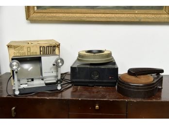 Vintage Grouping Of 8mm Editor, Slide Machine, Record Player