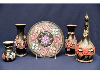 Czech Hand Painted Round Plater, Vase And Decanter