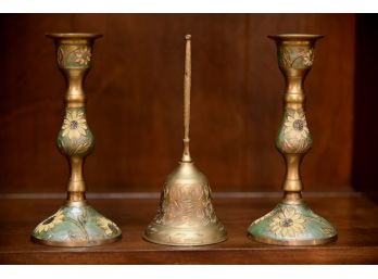Vintage Trio Of Brass Candle Sticks And Bell