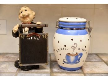 Vintage Italian Waiter With Menu Board And Biscotti Jar