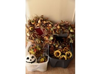 Bins Of Fall Decor Including Halloween And Thanksgiving