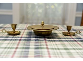 Vintage Brass Candle Holder And Covered Dish