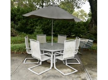 Aluminum Hexagon Outdoor Table, 6 Chairs And Umbrella