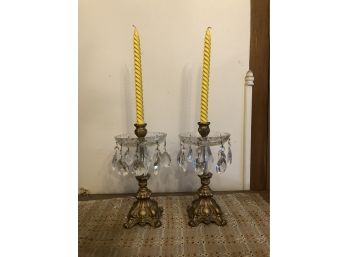Vintage Drop Crystal And Brass Candle Holders