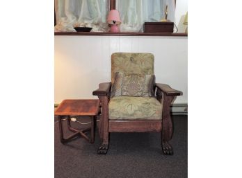 Paw Foot Victorian Solid Tiger Oak Morris Chair With Side Table