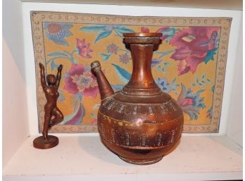 Antique Brass Engraved Middle Eastern Coffee Pot With Brass Figurine