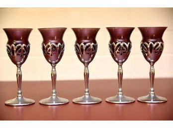 Set Of 5 Metal And Purple Glass Wine Glasses