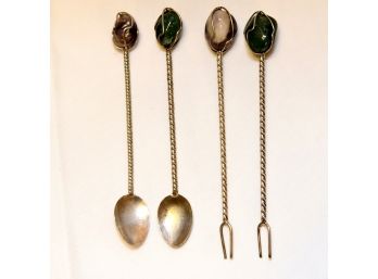 Set Of 4 Demi Twisted Steel And Stone Spoon And Fork