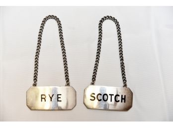 Set Of 2 Sterling Silver Liquor Bottle Collars- 'Scotch & Rye'