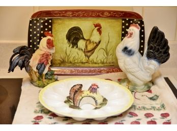 Rooster Plate And Figurine Grouping