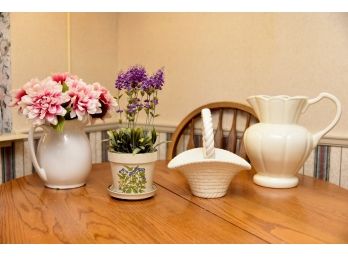 Ceramic And Porcelain Pitchers/ Faux  Floral Arrangement