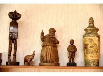 Vintage Hand Carved Wooden Statues And Bottle