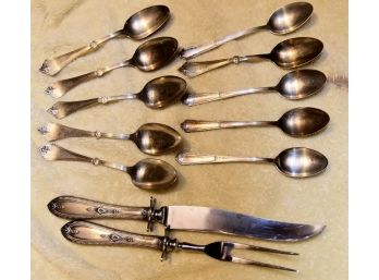 Vintage Sterling Silver Marked Spoons And Carving Set