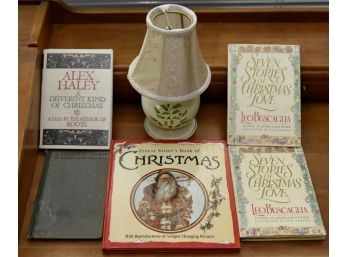Vintage Christmas Books And Holly Candle Holder