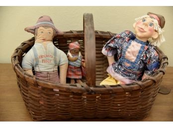Vintage Bisque/ceramic Dolls And Wicker Basket