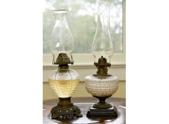 2 Antique Brass Base Oil Lamps
