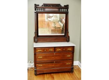 Antique Walnut With Marble Top Dresser With Mirror