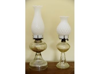 2 Antique Milk Glass Shade Oil Lamps