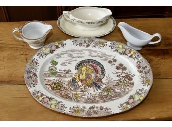 Beautiful Large Turkey Platter With 3 Gravy Pitchers