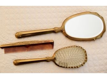 Vintage Gold Tone Brush, Mirror And Comb Set