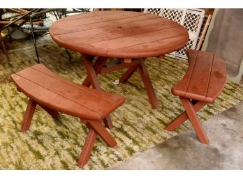 Vintage Round Red Picnic Table And 2 Bench Seats