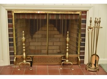Brass Fireplace Tools, Screen And Andirons