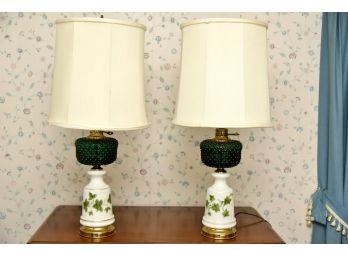 2 Hand Painted Green Hobnail Milk Glass Table Lamps