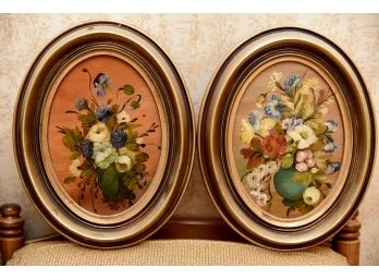 2 Oval Floral Oil On Canvas Framed Painting