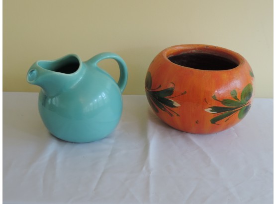 Fiestaware Pitcher And Hand Painted Pottery Bowl
