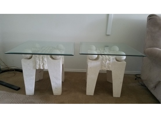 2 Travertine Style Stone And Beveled Glass Side Tables 26'x26'x22'
