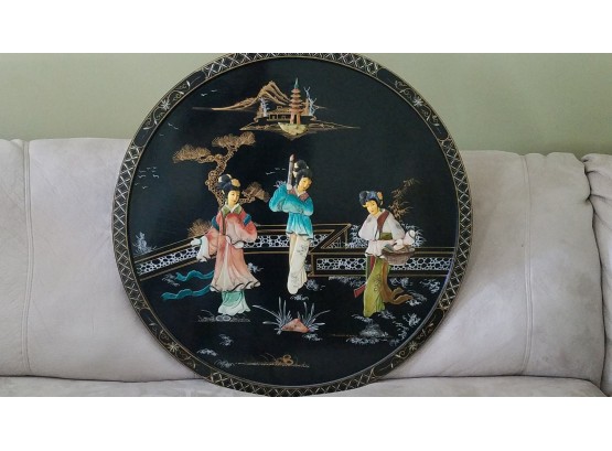 30' Round Asian Lacquer Raised Panel Chinese Scene