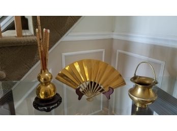 Grouping Of Brass Asian Objects, Fan, Chop Stick Holder And Urn