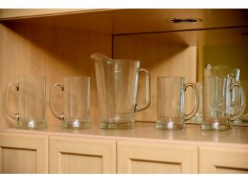 Glass Pitcher And Beer Steins -five Pieces