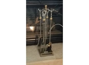 Chrome And Brass Fireplace Tool Set With Stand