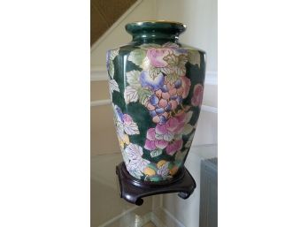 Painted Chinese Vase On Mahogany Stand