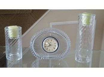 Mikasa Crystal Clock And 2 Pretty Glass Candle Holders