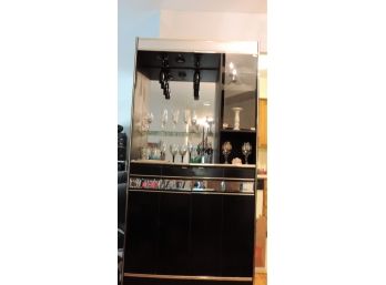 Black And Mirrored Upright Lighted  Bar Cabinet-INCLUDES CONTENTS