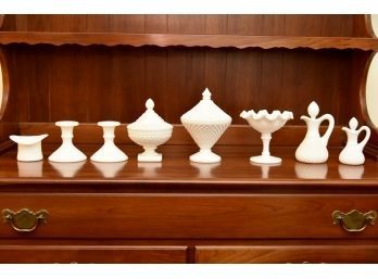 Vintage Milk Glass Candlesticks, Covered Dishes And Oil And Vinegar Cruets