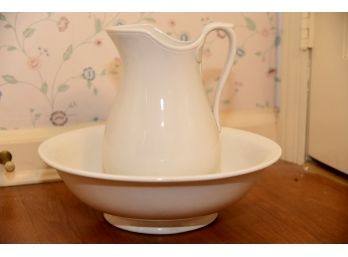 Antique White Glazed Ceramic Wash Basin And Pitcher