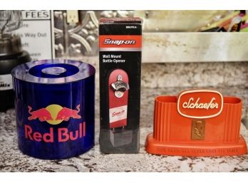 Man Cave Bar Grouping Including New Snap On Bottle Opener And Schaeffer Bar Caddy