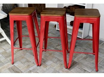 3 Red Metal With Wood Seat Bar Stools