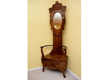 Antique Tiger Oak Hall Tree With Mirror And Bench