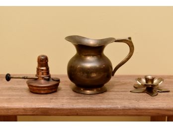 Trio Of Brass - Pitcher, Candlestick, Lamp