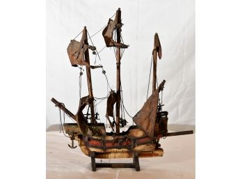 Antique Wooden Schooner Ship With Leather Sails 22'x24'