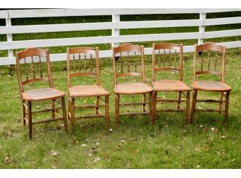 5 Vintage Oak And Cane Seat Chairs