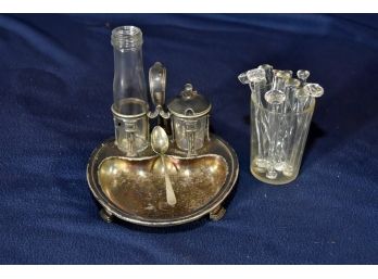 Vintage Glass Stirrers And Silver Plate Caddy