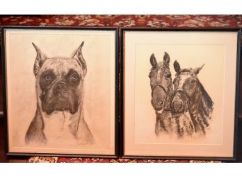Pair Of Pencil Horse And Dog Framed Pictures  15'x18'