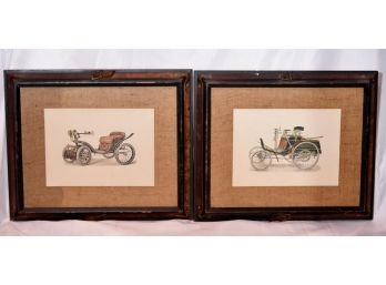 2 Antique Car Pictures In Ornate Wood And Leather Belt Frames 19'x16'